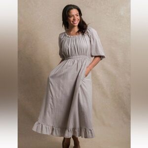 Neuflora Merrivale Dress Size Medium Linen Blend Peasant Puff Sleeve Pockets